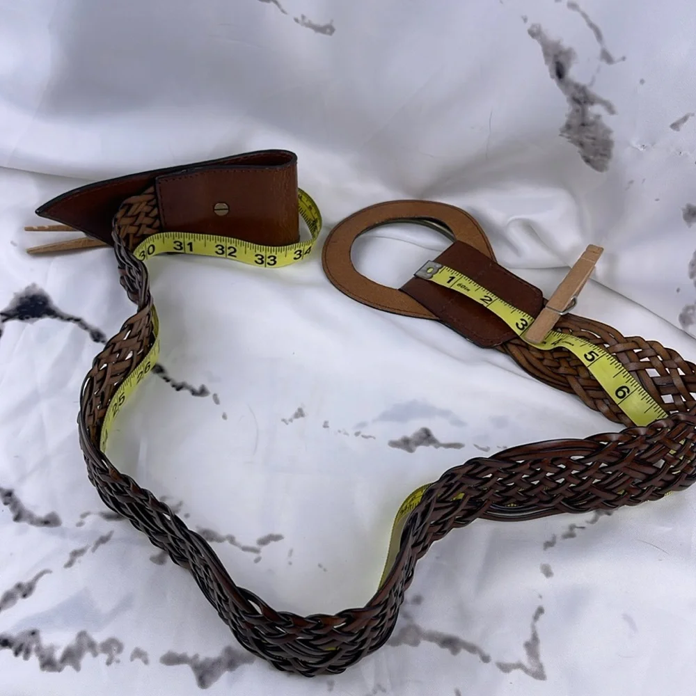 Woven Bonded Leather Wide Belt Large Brass Buckle Adjustable Celtic Knot Weave - Picture 8 of 8